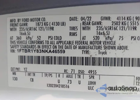 2022 Ford Transit T-250 from USA, damaged, VIN 1FTBR1Y83NKA46559